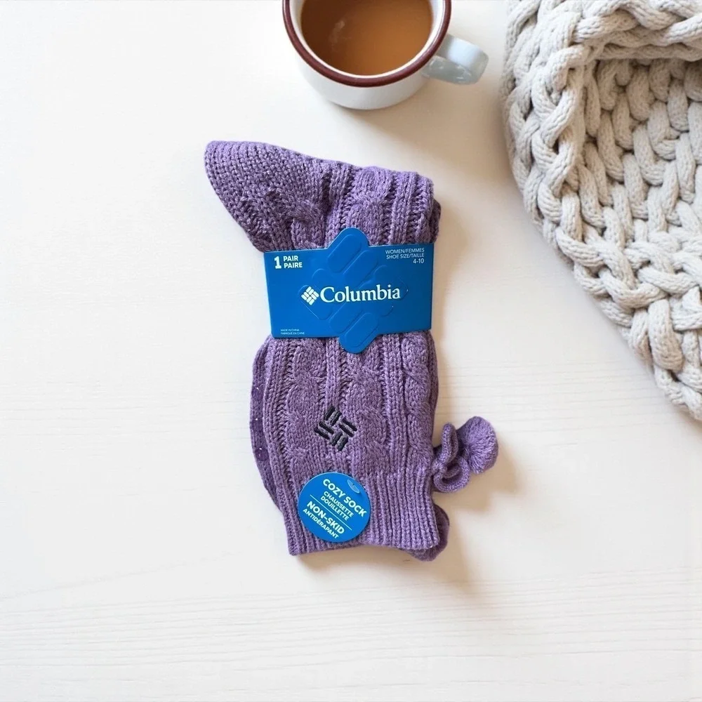 Columbia Cozy Socks Women's Lavender‎ Purple Pom Pom Non-Skid One Pair Size 4-10